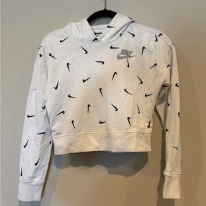 Nike Girls Cropped White Hoodie with Black Swoosh Pattern Size Large (10-12)